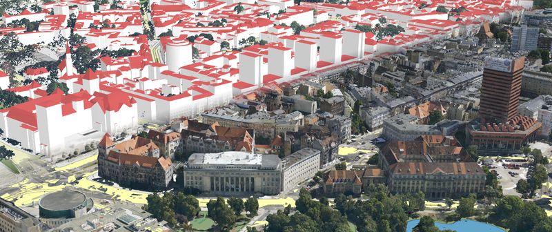 fragment mapy - połączenie mapy trójwymiarowej z panoramą miasta