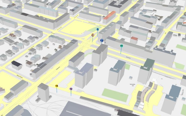 mapa w  3D, wyszczególnione ikony oznaczające konkretne autobusy i tramwaje